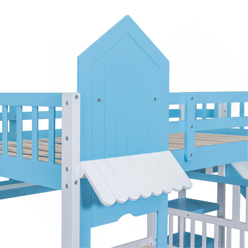 Lit superposé de style château double avec 2 tiroirs, 3 tablettes et glissière - bleu