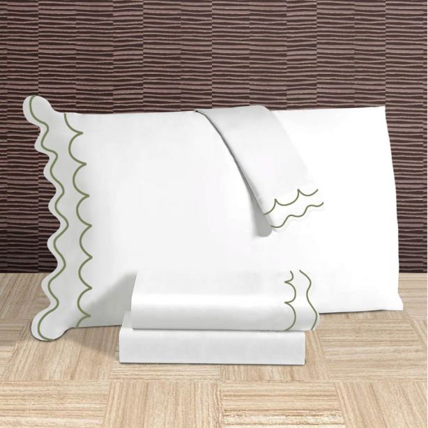 400TC Cotton Sateen Double Scallop Embroidery Pillowcases (Set Of 2), 20"H x 36"W, White/Sage