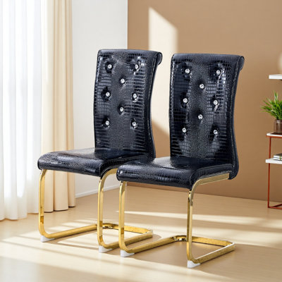 Set Of 2,Retro Alligator Skin Upholstered Dining Chairs,With Crystal Buckle Design And Faux Leather Design,A Touch Of Elegance And Mystery To The Dining Area