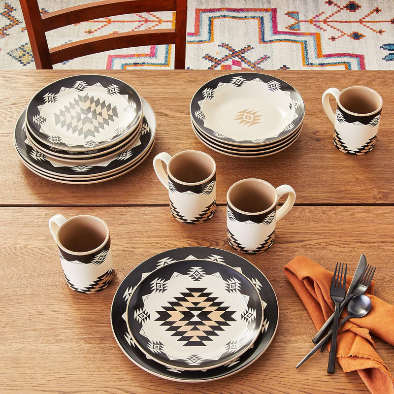 Service de table 16 pièces en céramique à motif aztèque crème / noir / taupe Chalet