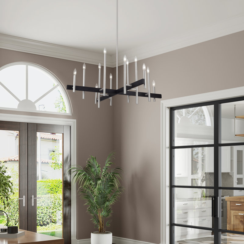 Grand lustre noir 8 lumières avec accents en nickel brossé, Nickel brossé, 12