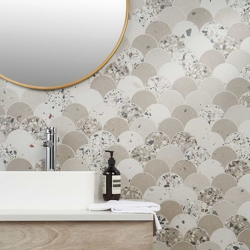 Kobe Fishscale Mix 4" Terrazzo Look Matte Porcelain Mosaic Tile, Warm Beige