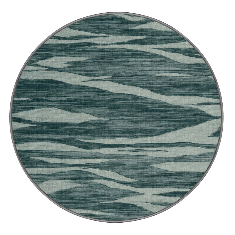 Machine Washable Abstract Green Area Rug, Round 5'