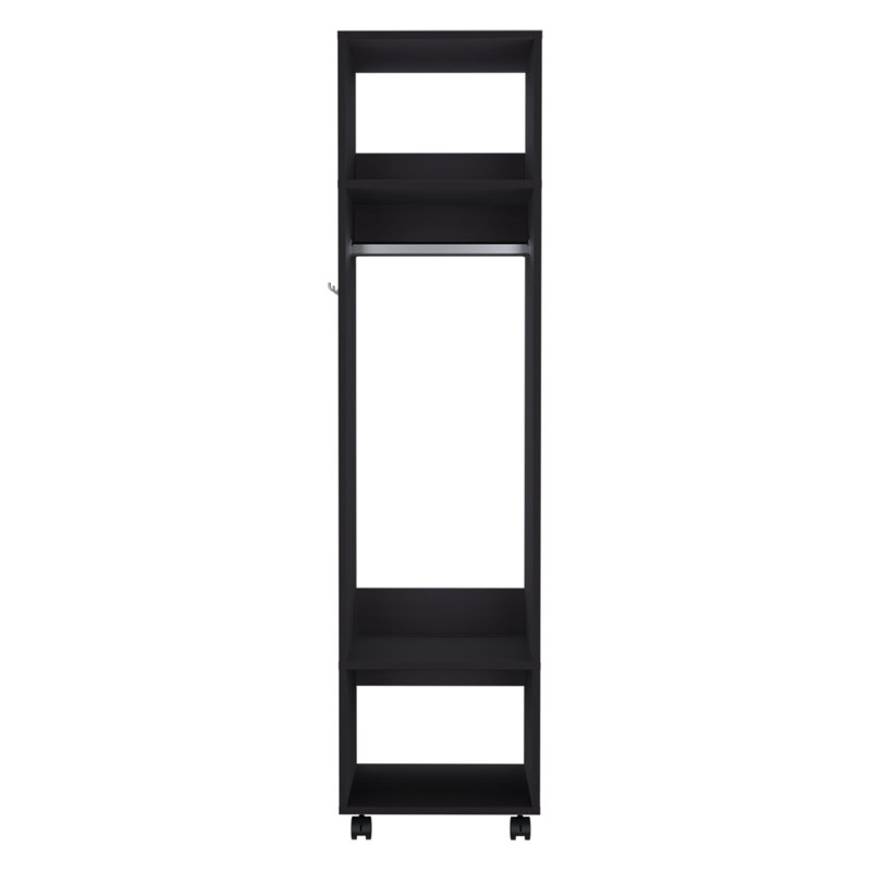 Armoire 63"H, With 3 Shelves, 1 Mirror, And 4 Wheels, Black, Black