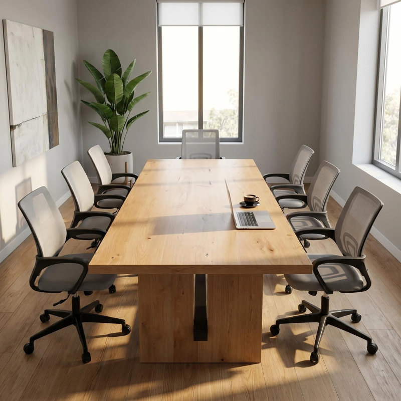Table de conférence industrielle en bois massif avec 8 chaises de bureau ergonomiques en filet