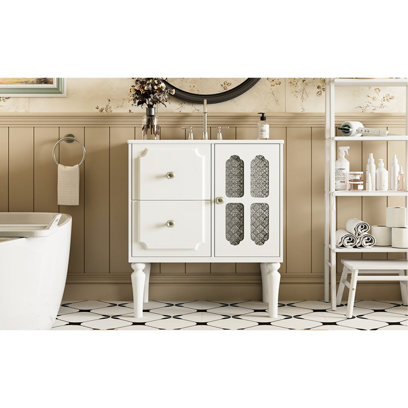Meuble-lavabo de salle de bain rétro 30 po avec 2 tiroirs et une armoire, unité simple autoportante, finition blanche, lavabo en céramique brillante, charnières à fermeture en douceur, cadre en bois massif blanc