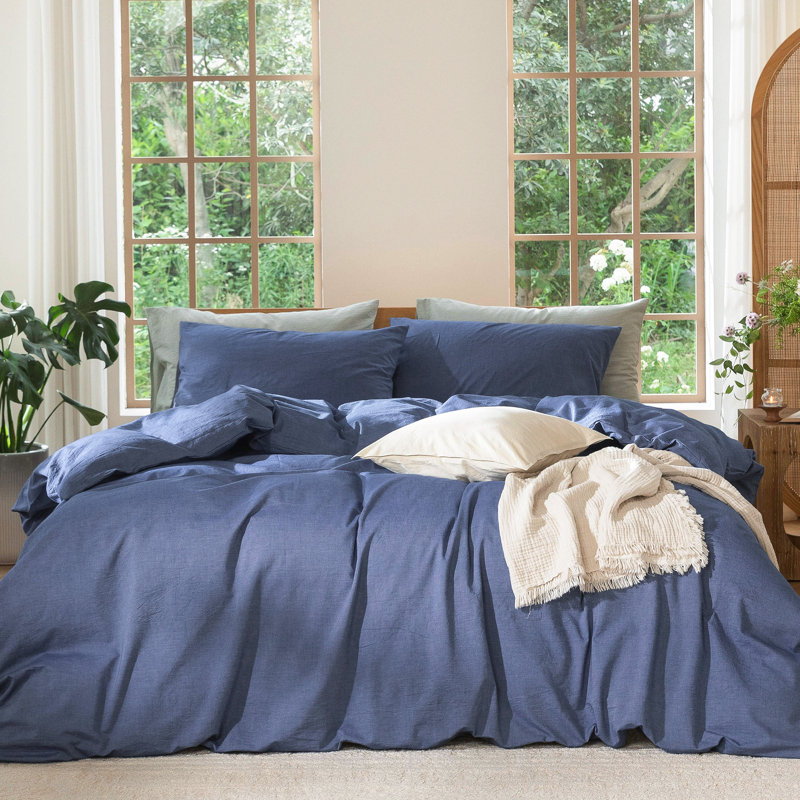 MooMee Lightweight Duvet Cover Set with Zipper Closure 8 Ties 100% Washed Cotton Linen Like Textured Soft Breathable All-Season