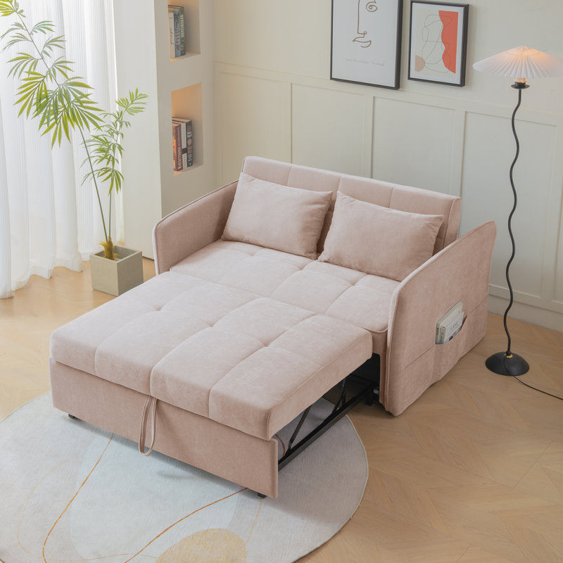 Salom 53.5'' Convertible Sofa Bed 3-in-1 Reclining Sleeper With Ajustable Armrests, Chenille Pink