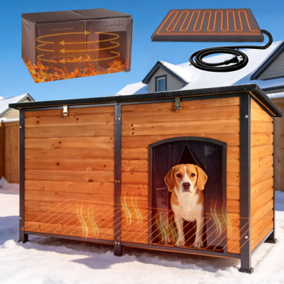 Gwynette 55" Extra Large Heated Outdoor Dog House for Large Dogs Insulated, Thermostat-Controlled Heating with Full 6-Sided Insulation, Metal Frame, Spacious, Cozy, and Safe Winter Shelter, Brown