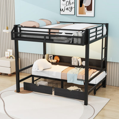 2 Drawers Metal Bunk Bed With Shelves, LED And Charging Station, Lower Bed Converts Into A Sofa