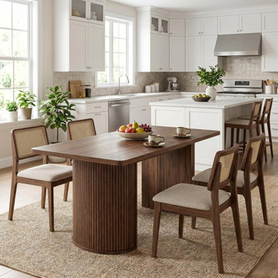 63" Dining Table Set for 6, Rustic Kitchen Table with Thick Tabletop, Wood Strip Base & Wider Legs, Modern Rectangular Farmhouse Table