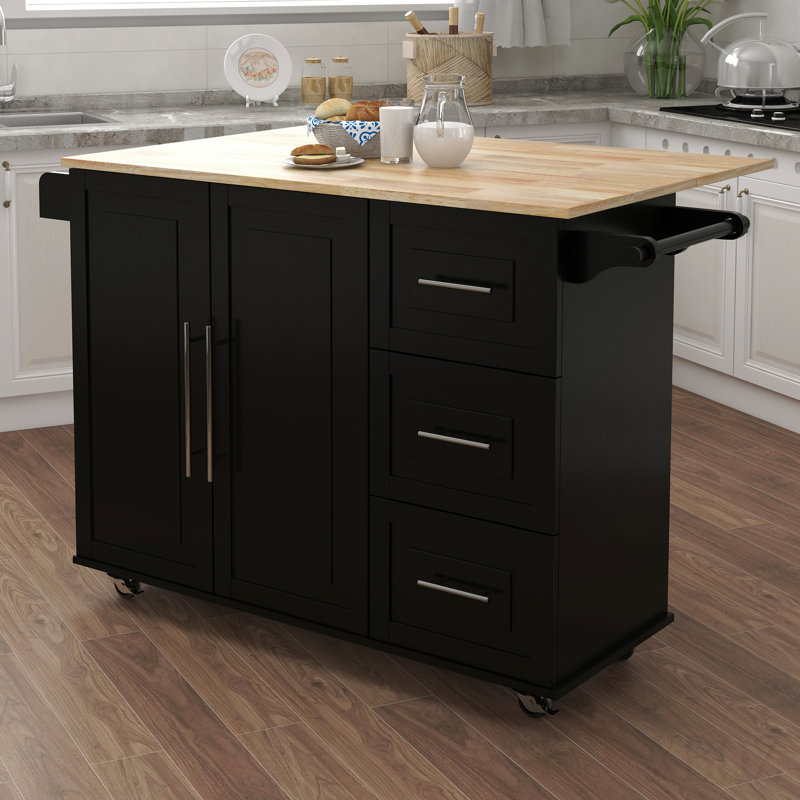 Îlot de cuisine avec support à épices, porte-serviettes et plateau de table en bois massif extensible - noir, Noir