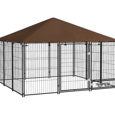 Outdoor Dog Kennel, 6.9'X6.9'X5', Large Puppy Playpen With Canopy, Garden Fence Crate Enclosure Cage, Rust-, Coffee Outside 6.9' X 5' Play Pen Canopy. Coffee. Steel, Cloth Roof, Convenient For Pet
