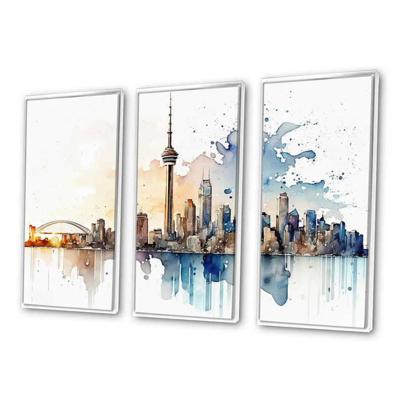 Toronto Skyline I - 3 pièces sur toile, H 28 po x l 36 po, Cadre blanc