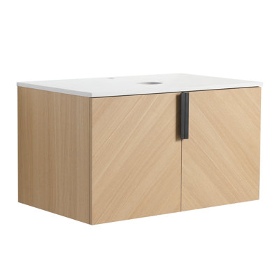 Meuble-lavabo mural de 30 po pour la salle de bain, 2 portes à fermeture douce, dalle de pierre artificielle, finition chêne, meuble-lavabo silencieux et paisible, 30 po, contreplaqué, allure moderne