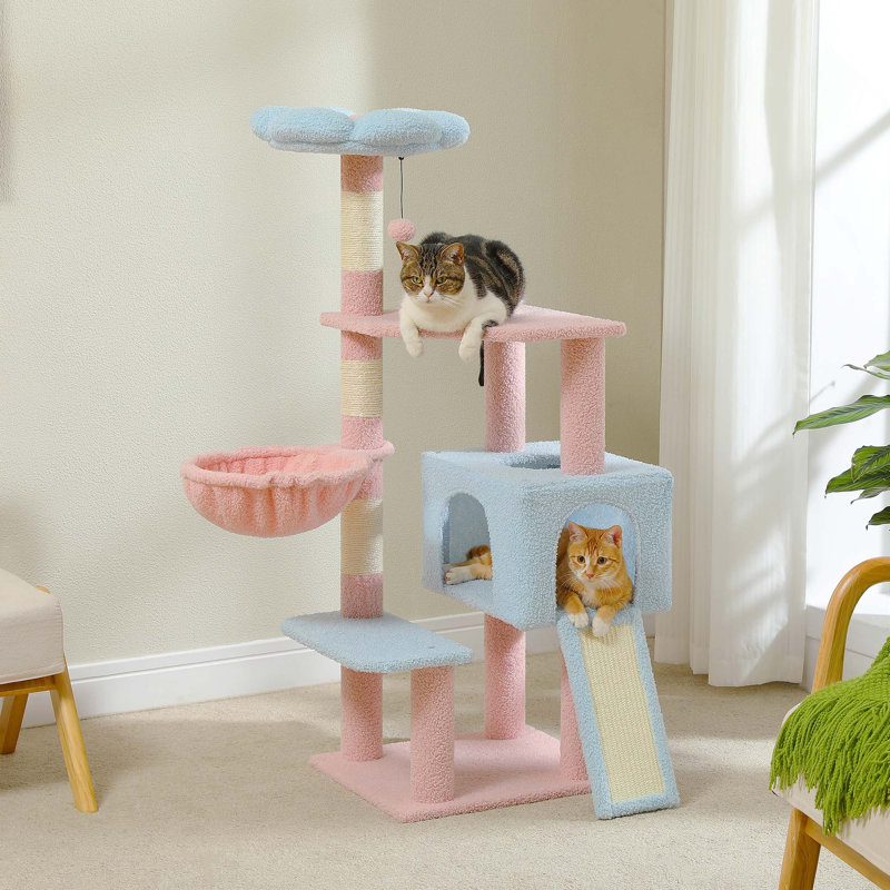 Arbre à chat fleuri avec hamac, tour pour chat avec poteaux à griffer, condo pour chat avec perchoir supérieur, Bleu