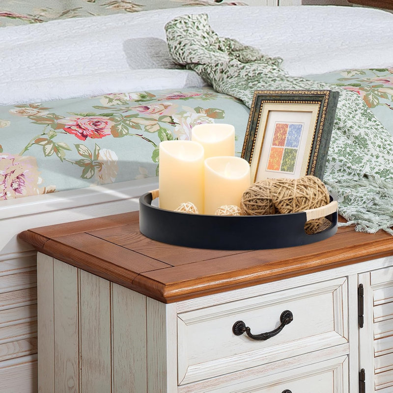 Plateau décoratif rond 11,8 po, plateau de service en bois avec poignées (noir)