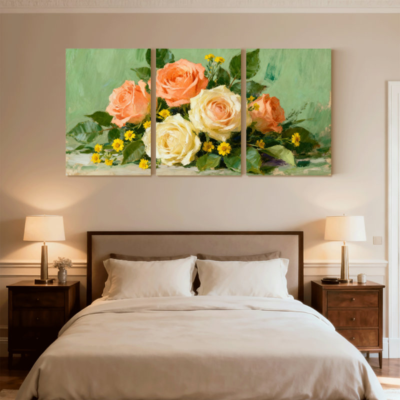 Roses roses et fleurs jaunes sur fond vert, ensemble de 3 impressions sur toile, H 30 po x l 60 po