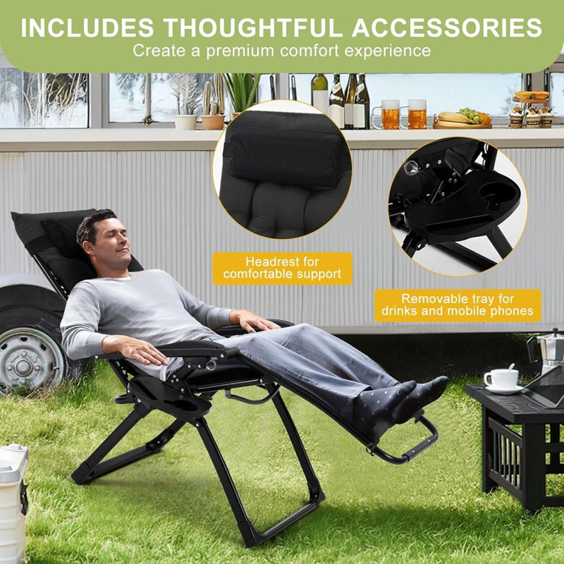Chaise de camping à gravité zéro avec capacité de poids de 440 lb, Noir, noir, noir, noir