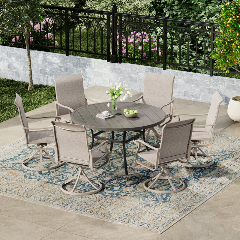 6-Person Outdoor Round Dining Set, Cream, 28" H x 50" W x 50" D