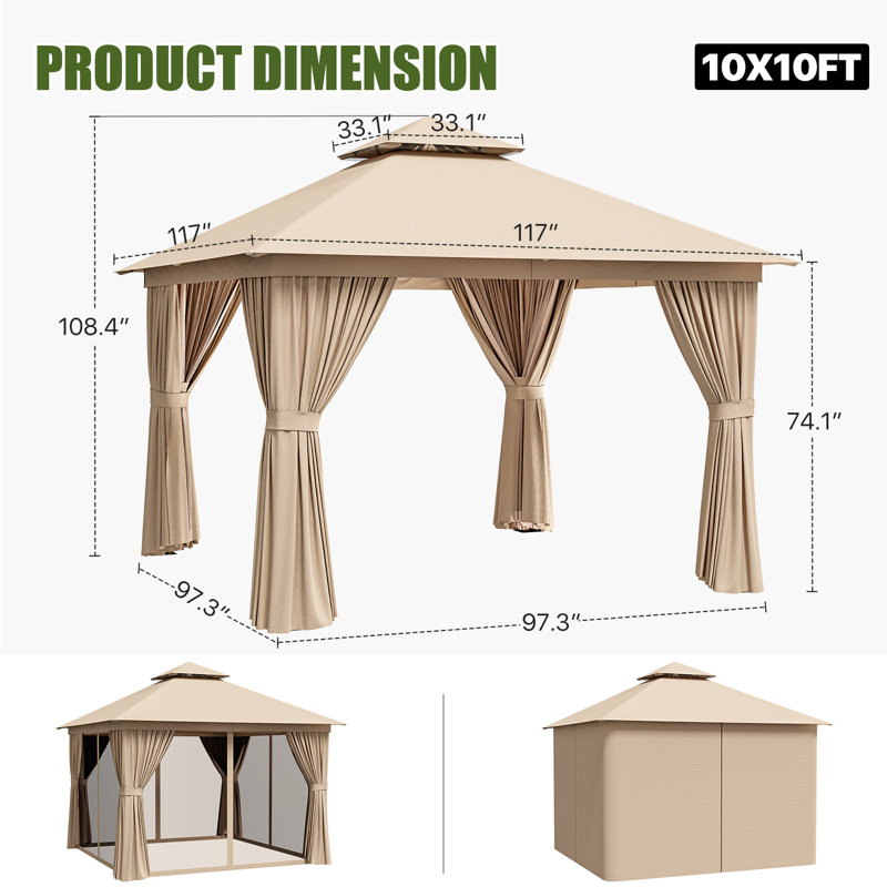 10 Ft. W X 10 Ft. D Outdoor Gazebo With Double Roof, Spacious Canopy With Netting & Curtains, Perfect For Patio, Lawn & Backyard