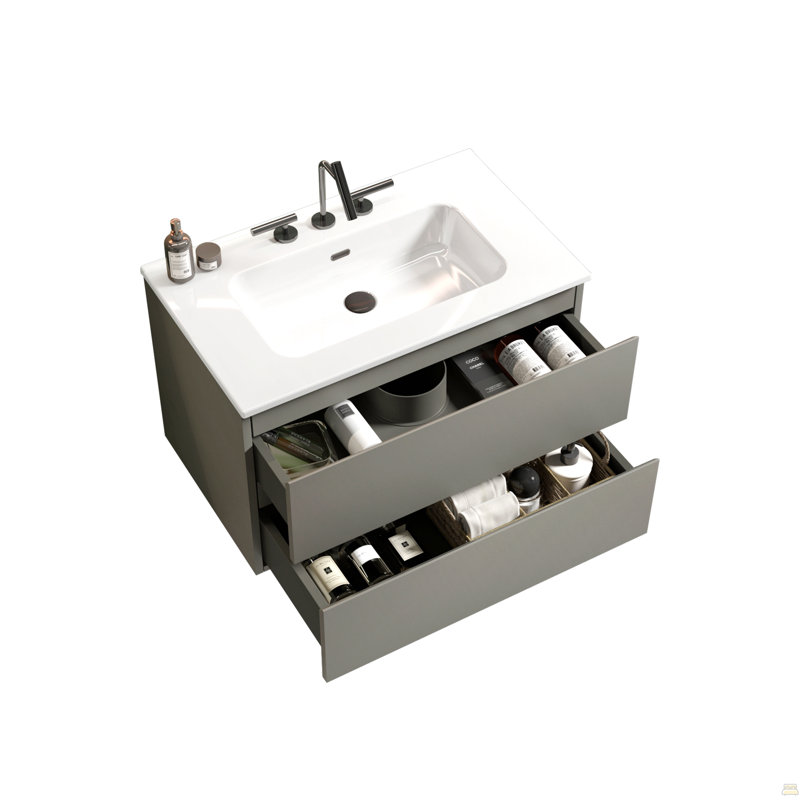 Meuble-lavabo mural gris de 30 po avec lavabo en céramique et trois trous de robinet, grand meuble-lavabo flottant de rangement pour salle de bain moderne, pré-assemblé