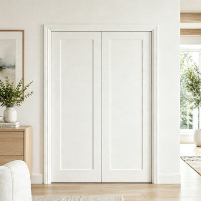 Prehung Compatible White 1 Panel Double Interior Door Kit with Frame and Silver Hinges, French Door Style Hollow Core Molded Pantry Door