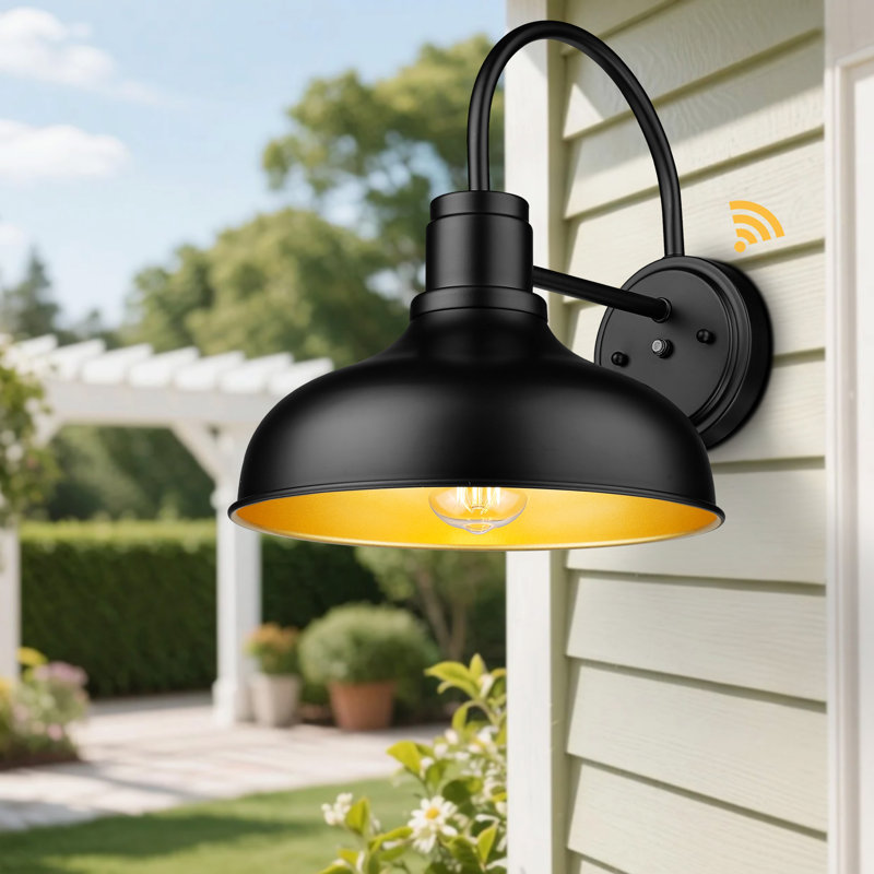 Dusk To Dawn Gooseneck Barn Wall Light – Black Industrial Farmhouse Outdoor Sconce, 13.5" H, 2-Pack, Matte Black