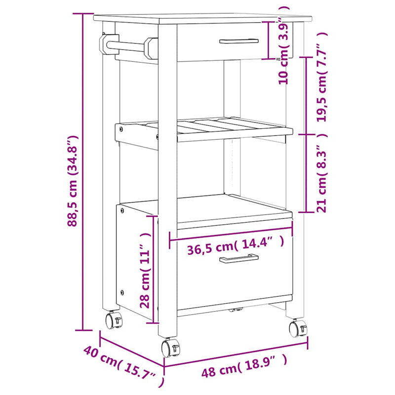vidaXL Kitchen Trolley MONZA 18.9"x15.7"x34.8" Solid Wood Pine, Honey