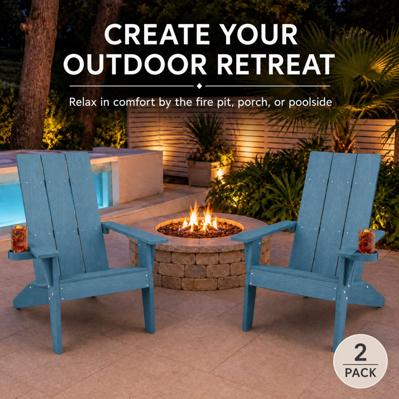 Modern Adirondack Chairs with Cup Holders All Weather HIPS Outdoor Chairs with Wide Armrests Oversized Plastic Patio Lounge for Lawn, Patio and Pool, Blue