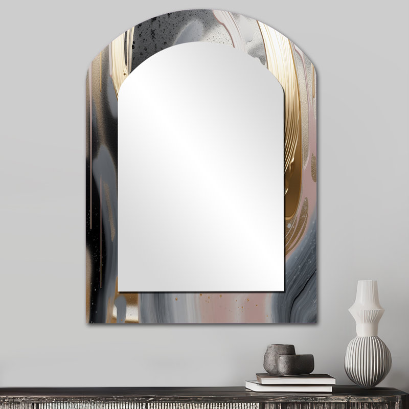 Abstrait doré et rivières infinies roses IV - formes abstraites, miroir mural décoratif asymétrique, miroir arche moderne, impression sur métal