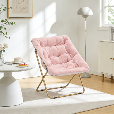 Square Faux Fur Saucer Chair With Metal Frame Foldable Comfy Accent Chair For Bedroom, Living Room & Reading Nook