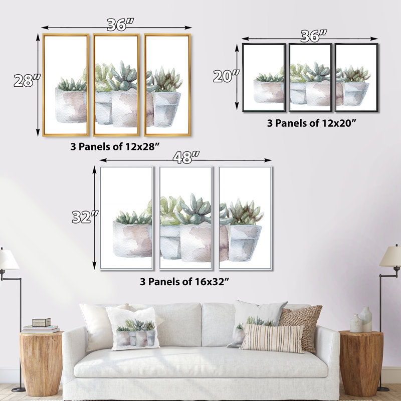 «Cactus and Succulent House Plants III», reproduction de cadre flottant sur toile 3 pièces, H 32 po x l 48 po x P 1 po