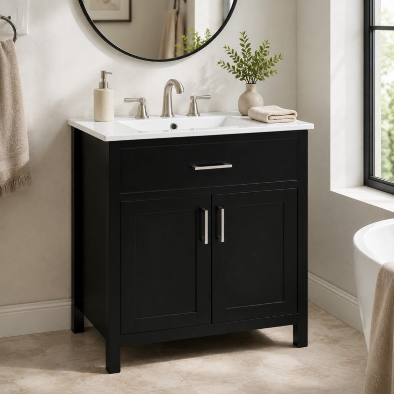 Meuble-lavabo autoportant de 76 cm de large avec porte, tiroir intérieur et dessus en céramique, Noir