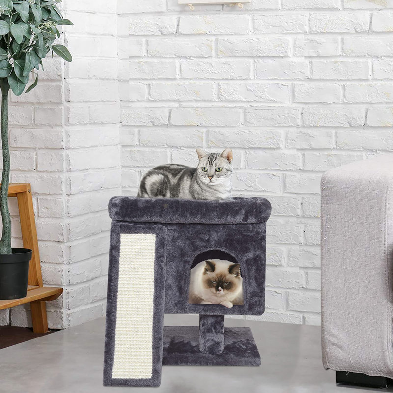 Small Cat Tree For Indoor Large Cats, Kittens Condo With Scratching Post And Board, Modern Activity Tower With Cave, Smoky Grey