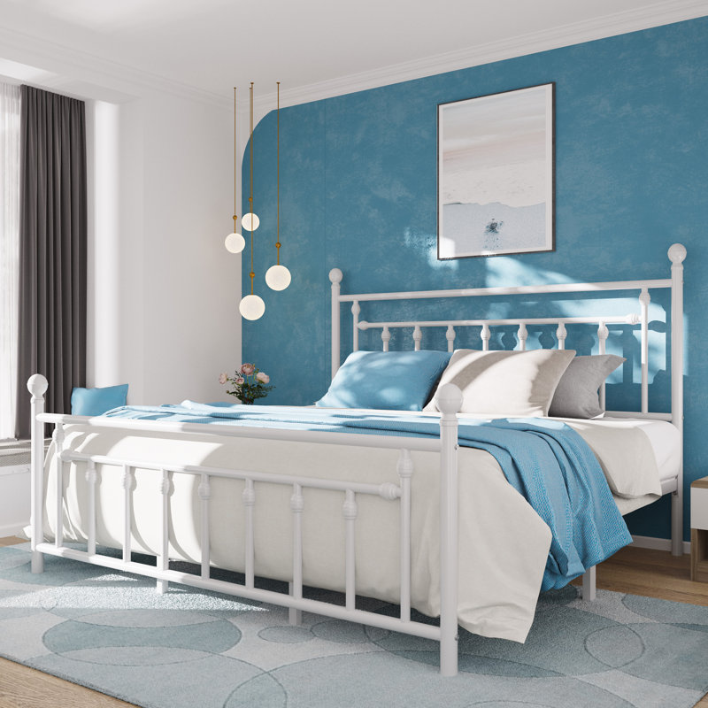 Edsall Metal Platform Bed with Slatted Headboard and Footboard, White, King