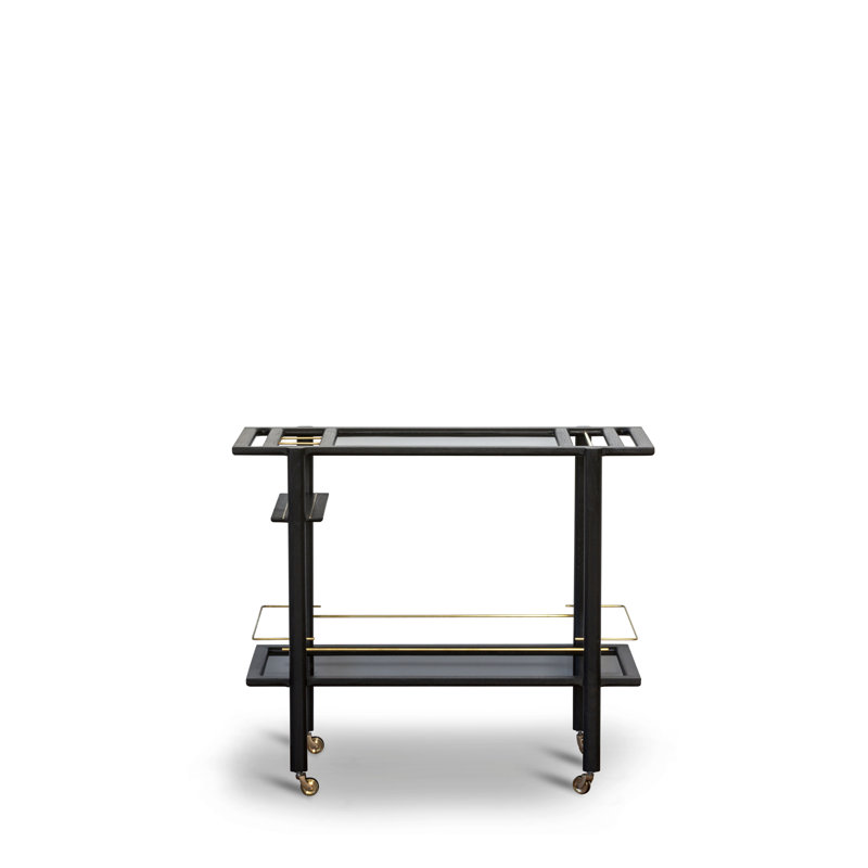 Solid Wood Bar Cart with Wheels, Ebonized Oak/Brass