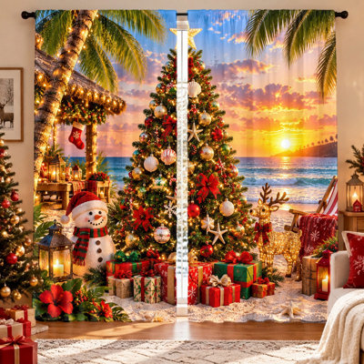 2Pcs Tropical Christmas Beach Scene curtains, festive holiday decoration, vibrant sunset view, Santa Claus snowman reindeer, decorated tree, light filtering fabric, rod-pocket design, machine washable, suitable for living room, bedroom, bal