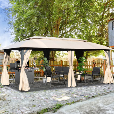 Pavillon de jardin extérieur 10 pi x 20 pi - Coins réglables, rideaux d'intimité, intérieur spacieux de tente brune, tissu imperméable, cadre robuste,