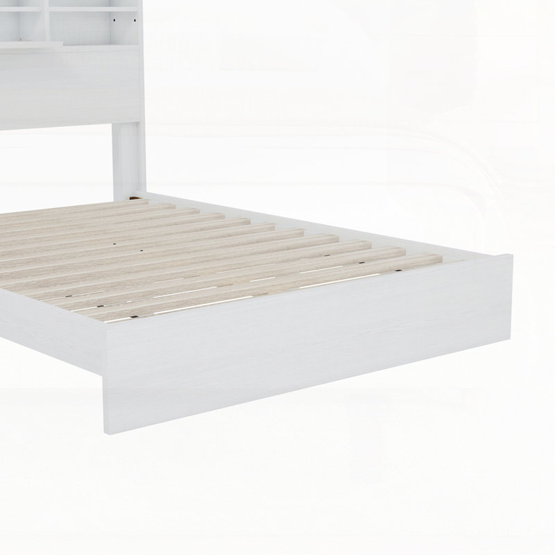 Queen Size Vintage Platform Bed,With Storage Headboard and Charging Station, White