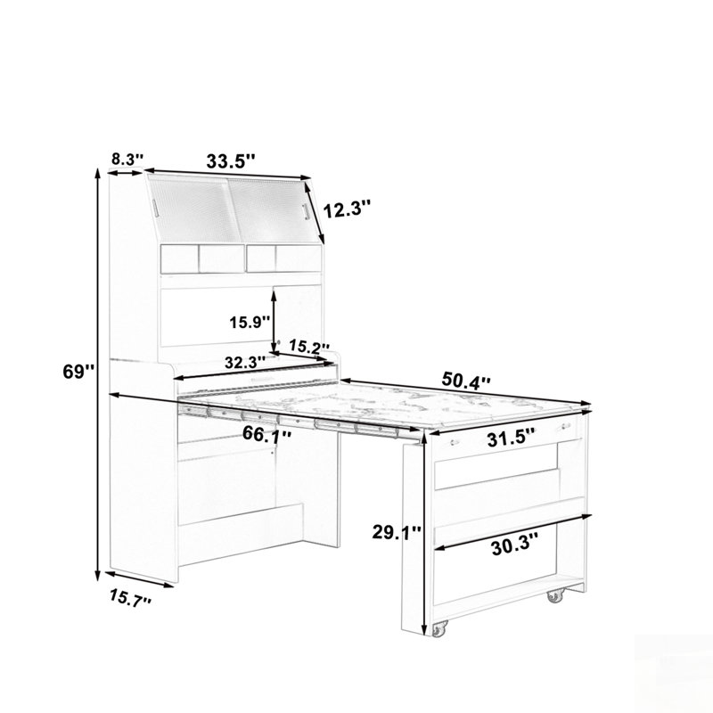 Buffet avec huche et table de salle à manger pliable, armoire multifonctionnelle avec tablette de rangement et crochets latéraux pour petits espaces, studio
