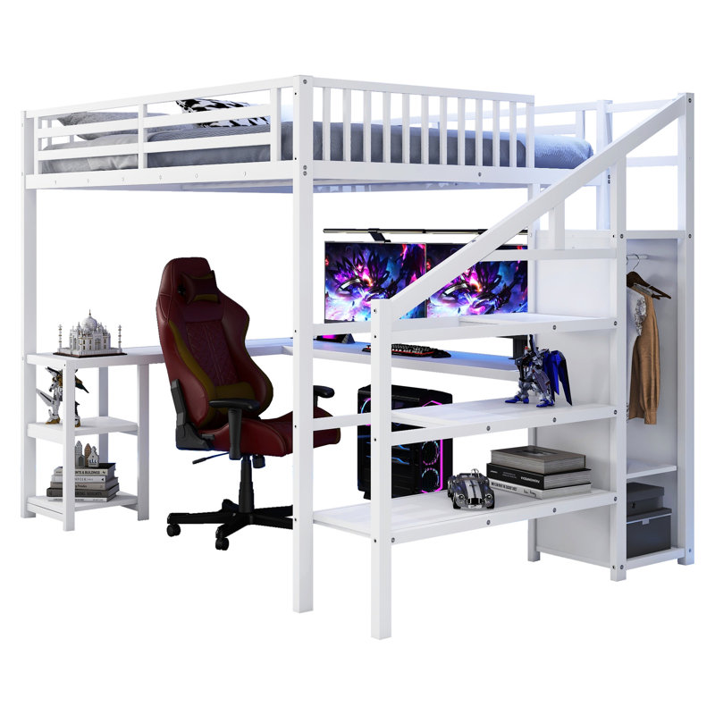Grand lit mezzanine en métal avec accès au lit en 3 étapes, bureau en forme de L et cadre thermolaqué blanc à DEL pour utilisation nocturne, roulement robuste, bureau