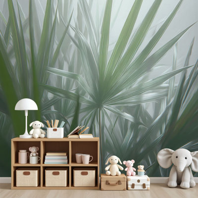 Papier peint adhésif auto-adhésif Misty Sage Green Palm Leaves H 69 po x l 96 po pour bureau à domicile