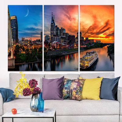 Nashville Cityscape Glass Wall Art: impression sur toile moderne pour la décoration intérieure, toile tendue 3P