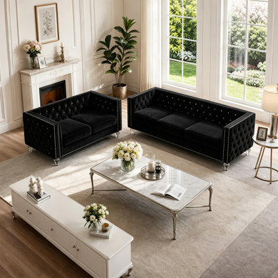 Ensemble de causeuse et de canapé à trois places, ensemble de canapé de salon de 82 pouces, ensemble de canapé classique moderne deux pièces, dossier à boutons en cristal, pieds aux accents de cristal, livré avec des coussins blancs moelleux, convenant aux salons, aux salons et à la réception zones.