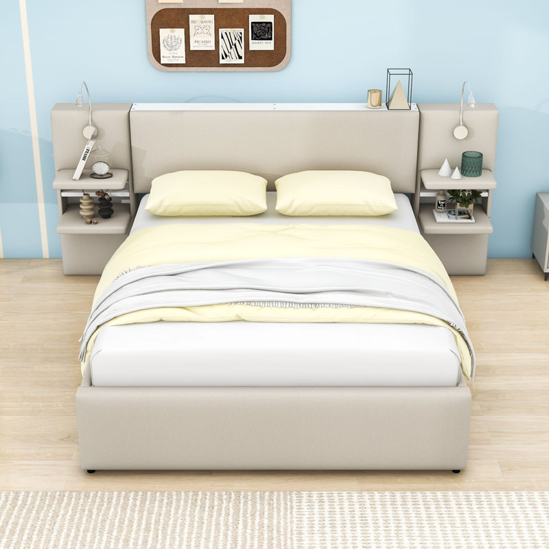 Grand lit plateforme tapissier en bois avec tiroirs de rangement, lit gigogne et lumières, Beige