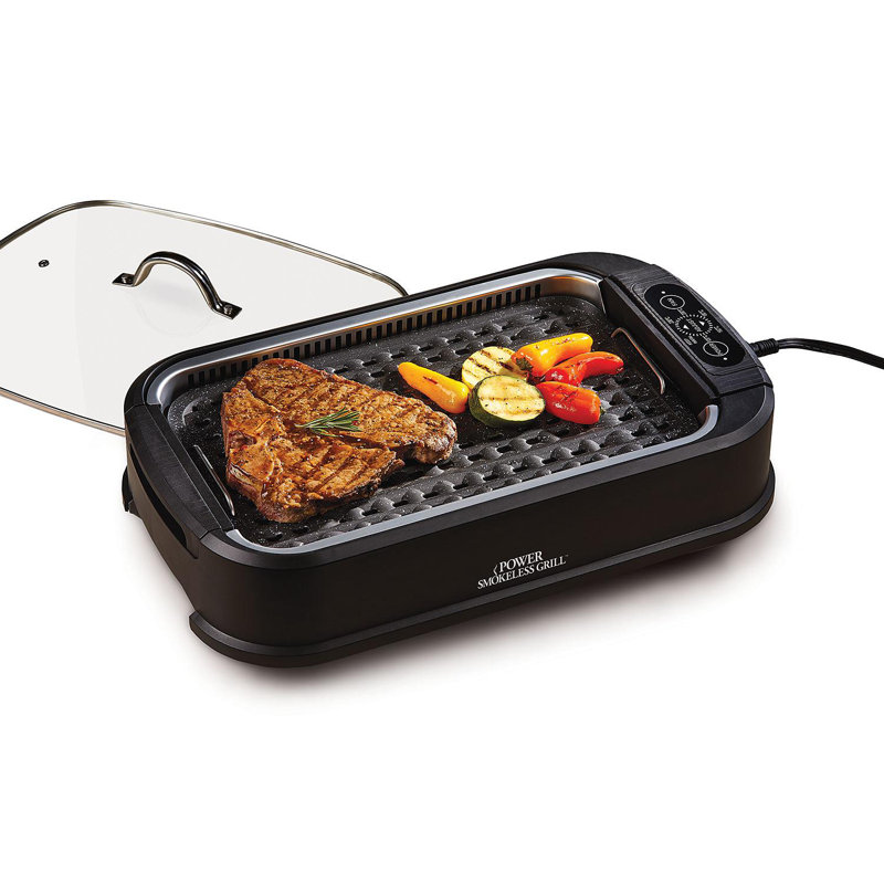 Barbecue électrique d'intérieur sans fumée Power avec couvercle en verre trempé, antiadhésif, noir