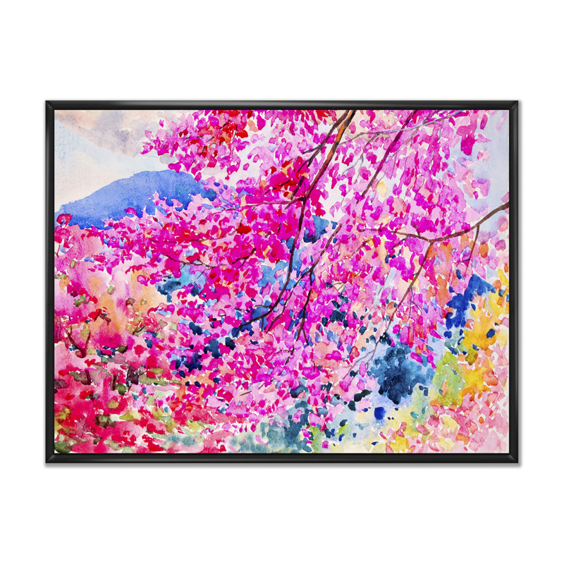 «Pink Cherry Blossom Tree V», reproduction sur toile flottante, H 8 po x l 12 po x P 1 po, Cadre flottant noir