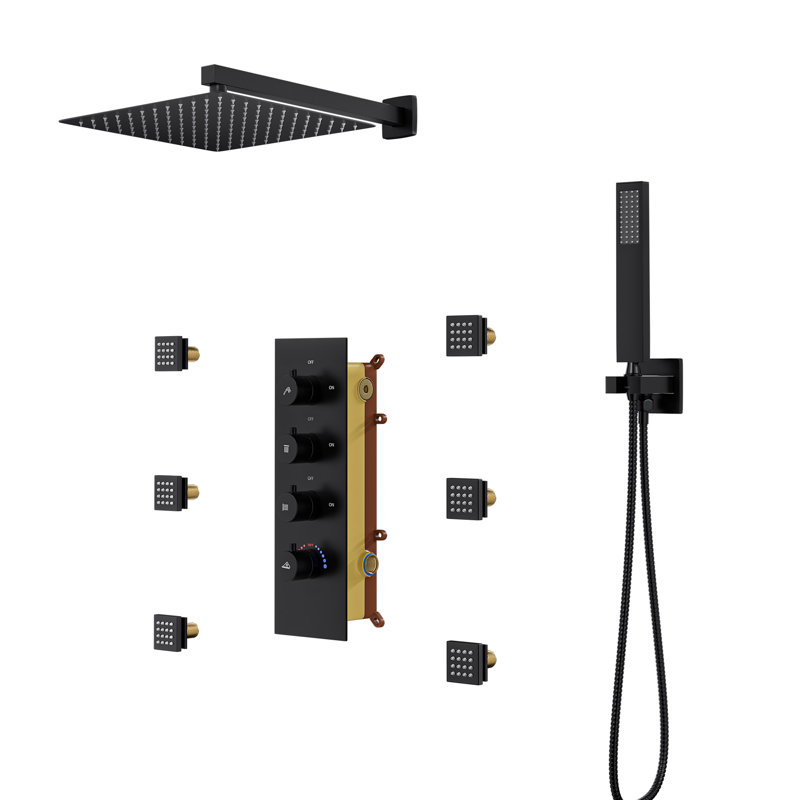 Système de douche thermostatique mural 12 "avec valve brute, Noir mat