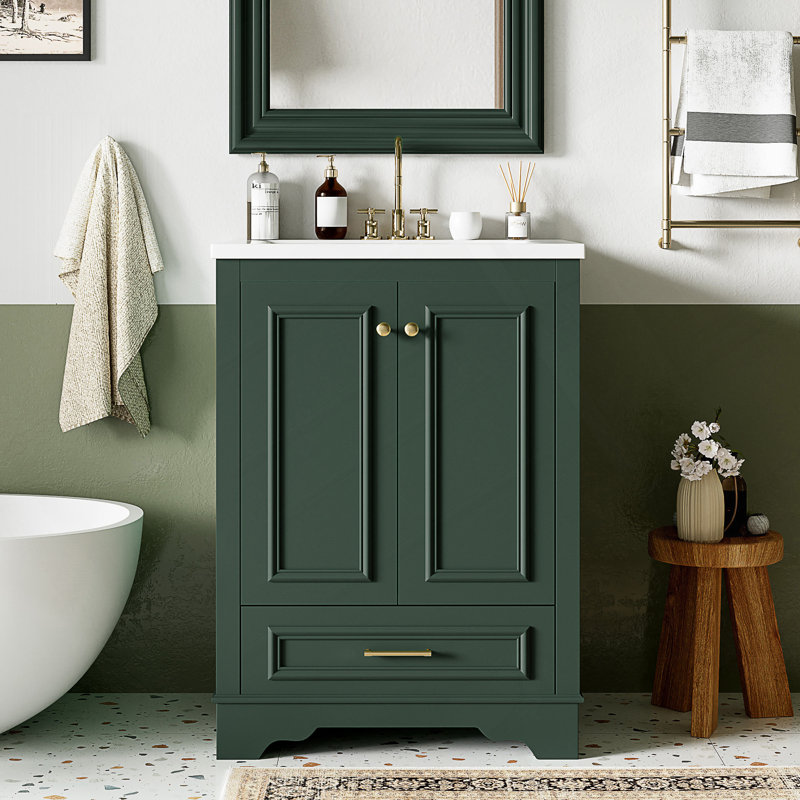 Meuble-lavabo autoportant moderne de 24 po avec lavabo en céramique, portes à fermeture douce et rangement réglable